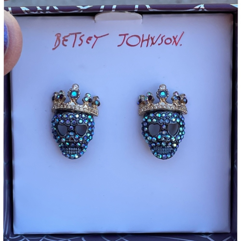 Betsey Johnson Blue Skull Earrings with Gold Crown